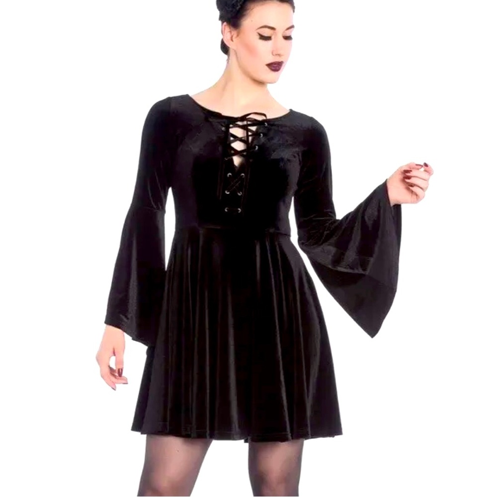 Hell Bunny Spin Doctor Black Velvet Bell Sleeve Skater Dress XL